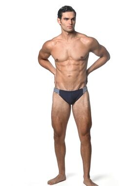 ST33LE Men's Navy Blue Brief Swimwear with White Stripe Accents